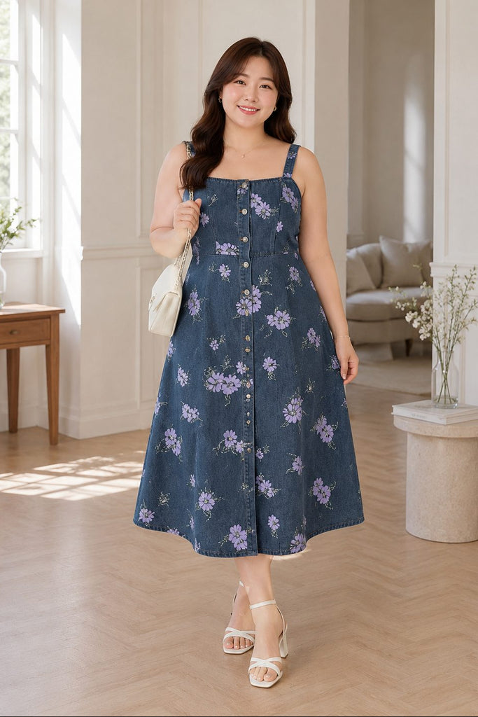 Plus size blue floral denim casual dress front view