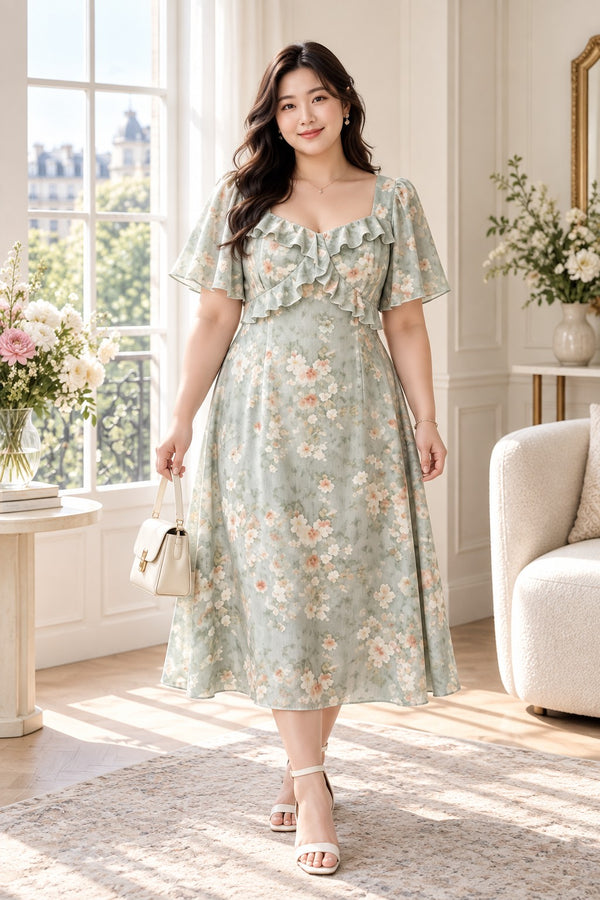 Plus size floral square neck A-line midi dress in green