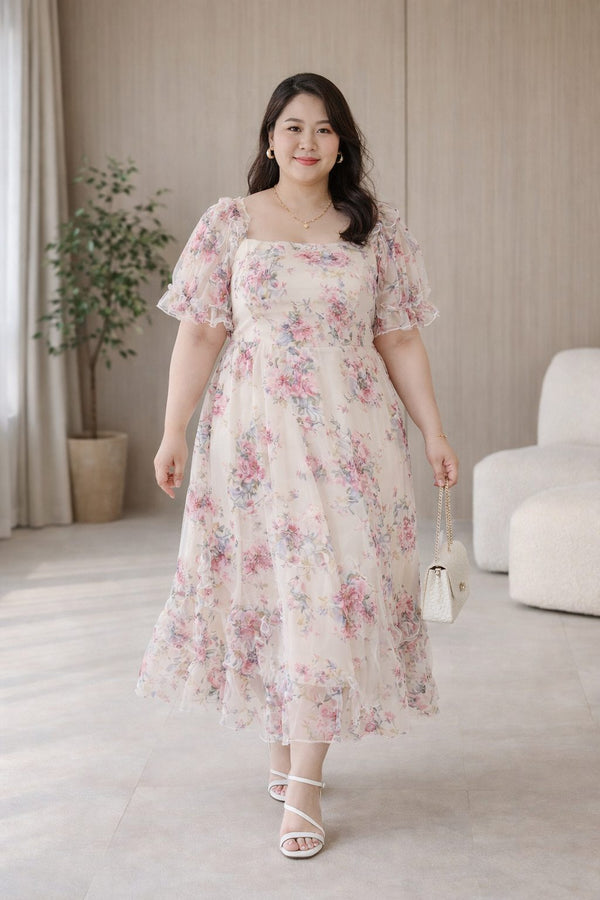 plus size floral square neck babydoll midi dress front view