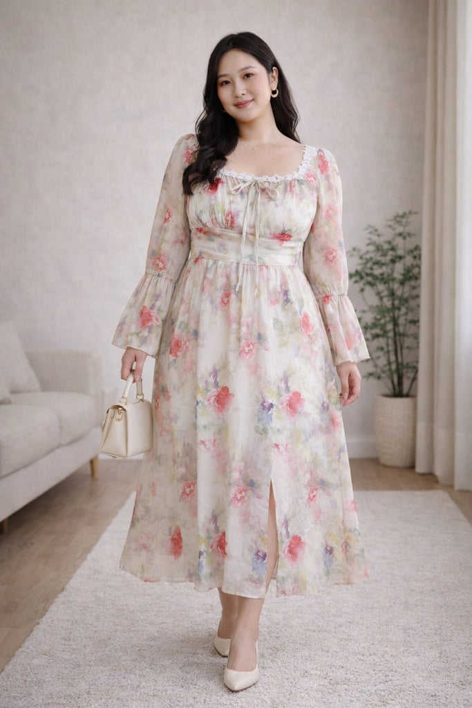 plus size floral square neck midi dress bell sleeve front view