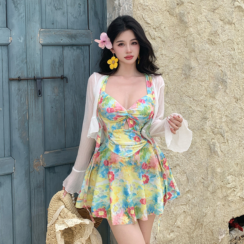 Plus Size Floral Tankini Dress One-Piece Swimsuit (With Jacket)