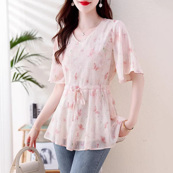 Plus Size Floral V-Neck Waist Tie Peplum Blouse