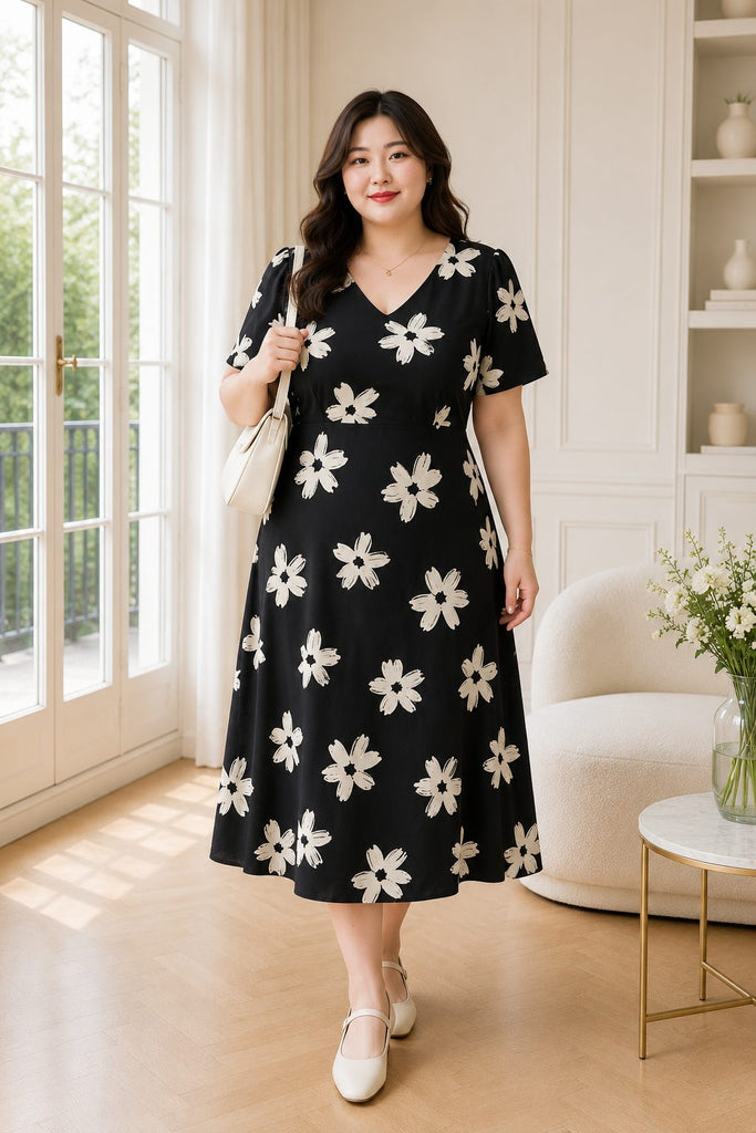 Plus size French black floral V-neck short sleeve midi dress front view