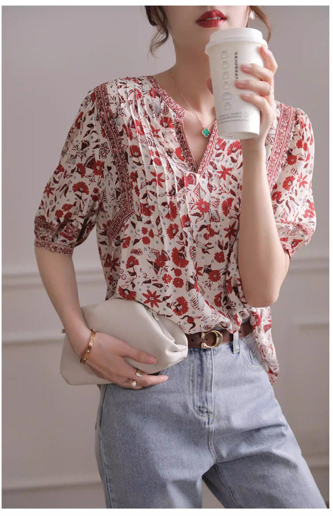 Plus Size French Bohemian Red Floral Notch Neck Blouse
