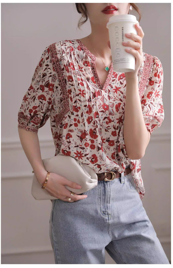 Plus Size French Bohemian Red Floral Notch Neck Blouse