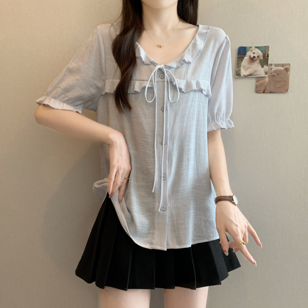 Plus Size Frills Button Loose Blouse