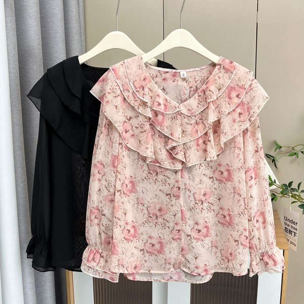 Plus Size Frills Chiffon Long Sleeve Blouse