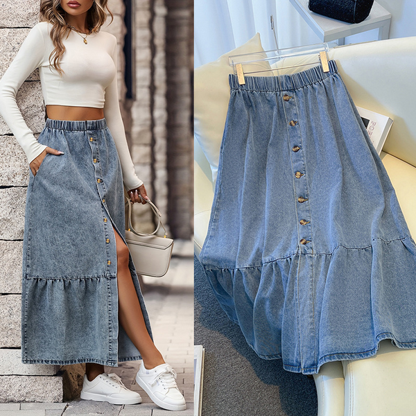Plus Size Frills Denim Midi Skirt (EXTRA BIG SIZE)