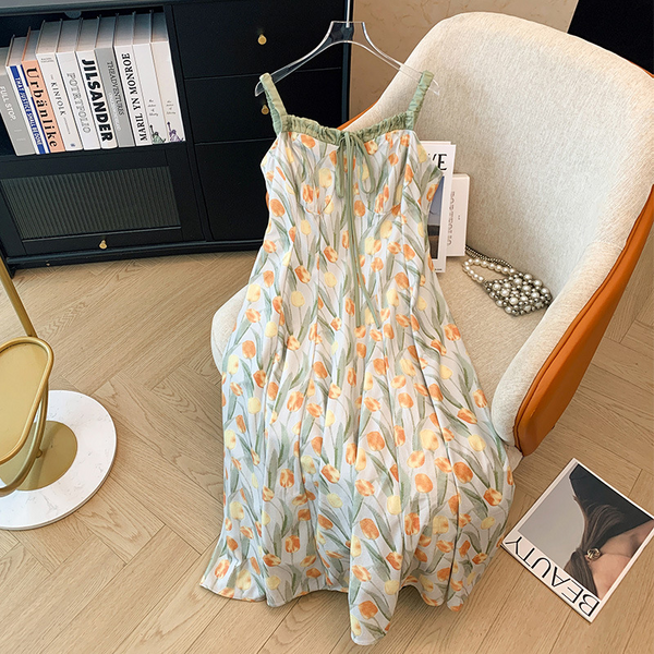 Plus Size Garden Tulips Dress And Sunshine Yellow Cardigan (EXTRA BIG SIZE)