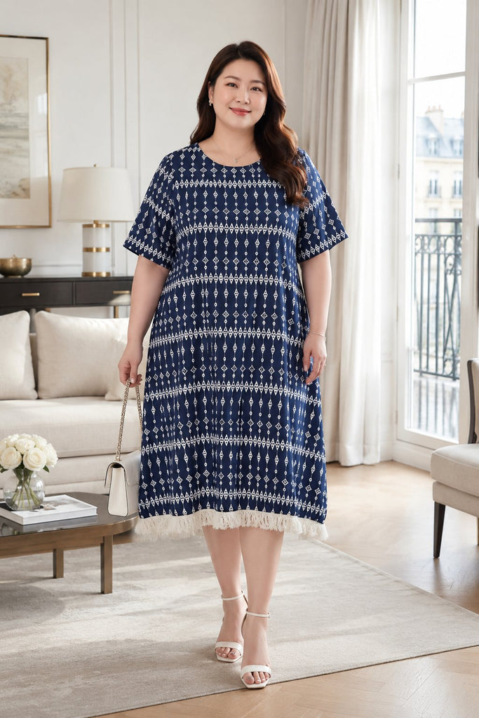 Plus size navy blue geometric print midi dress with fringe hem front view