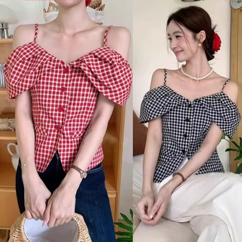 Plus Size Off-Shoulder Gingham Blouse