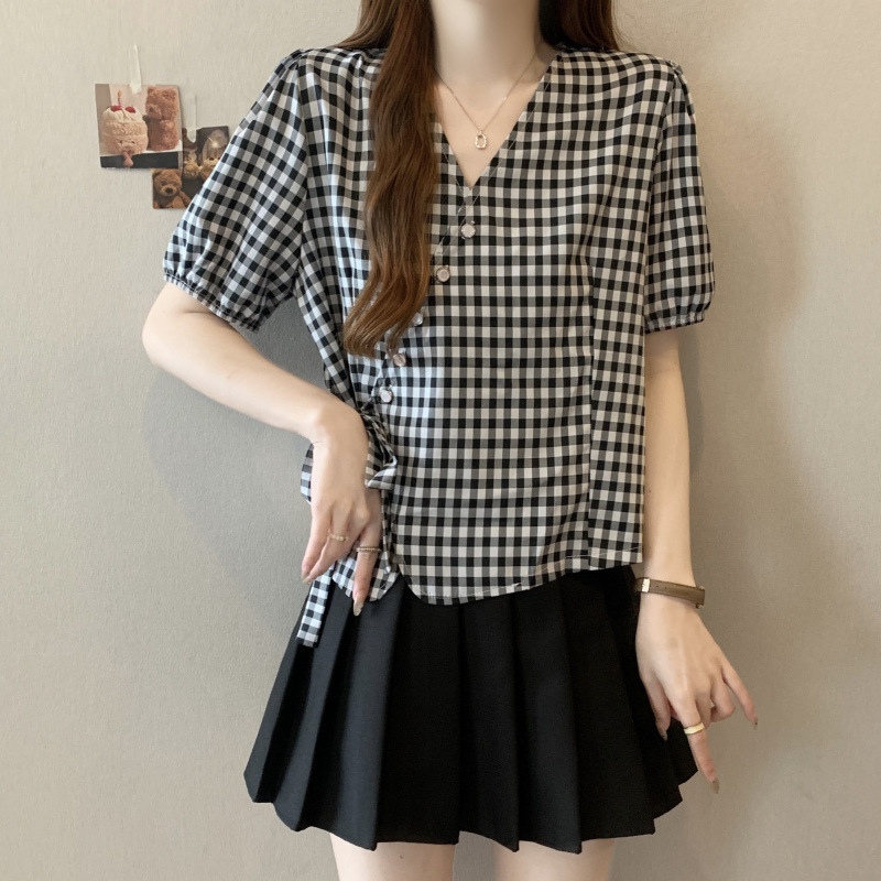Plus Size Gingham Wrap V Neck Short Sleeve Top