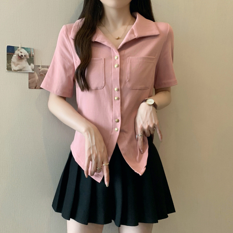 Plus Size Gold Buttons Polo Blouse