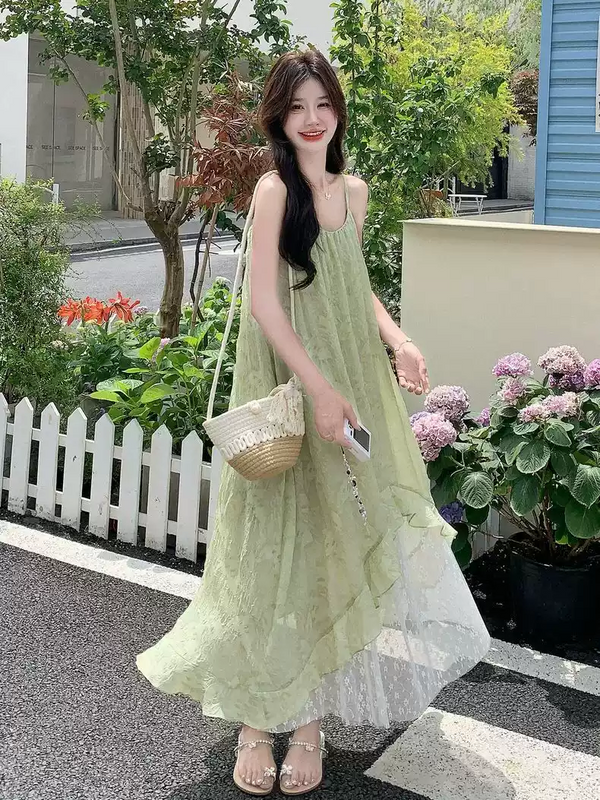 Plus Size Grass Green Loose Camisole Dress (EXTRA BIG SIZE)