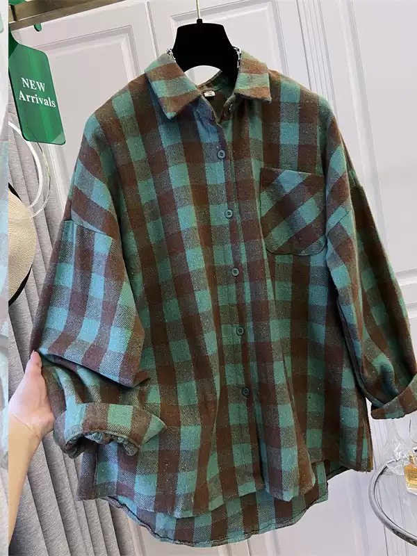 Plus Size Green Brown Checks Flannel Shirt