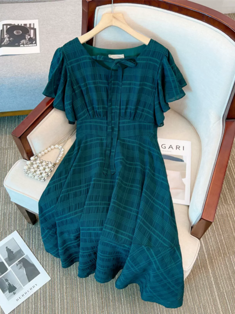 Plus Size Green Checks Korean Midi Dress