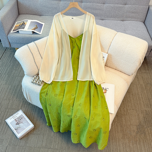 Plus Size Green Cutout Lace Bustier Dress And Cardigan (EXTRA BIG SIZE)