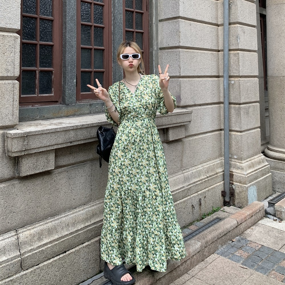 Plus Size Green Floral Short Sleeve Maxi Dress
