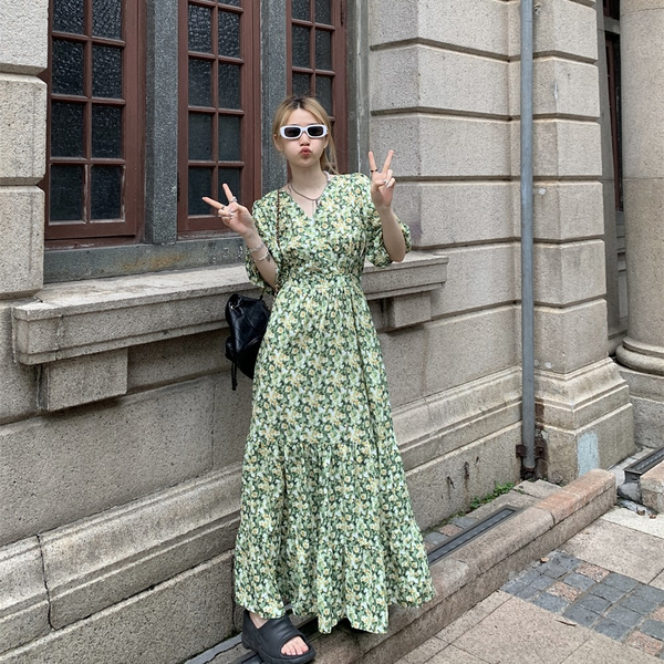 Plus Size Green Floral Short Sleeve Maxi Dress