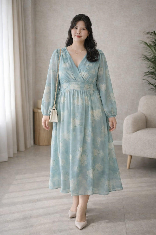 plus size green floral chiffon midi dress wrap neckline front view