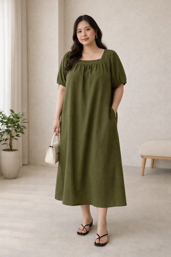 plus size green square neck midi dress loose fit front view