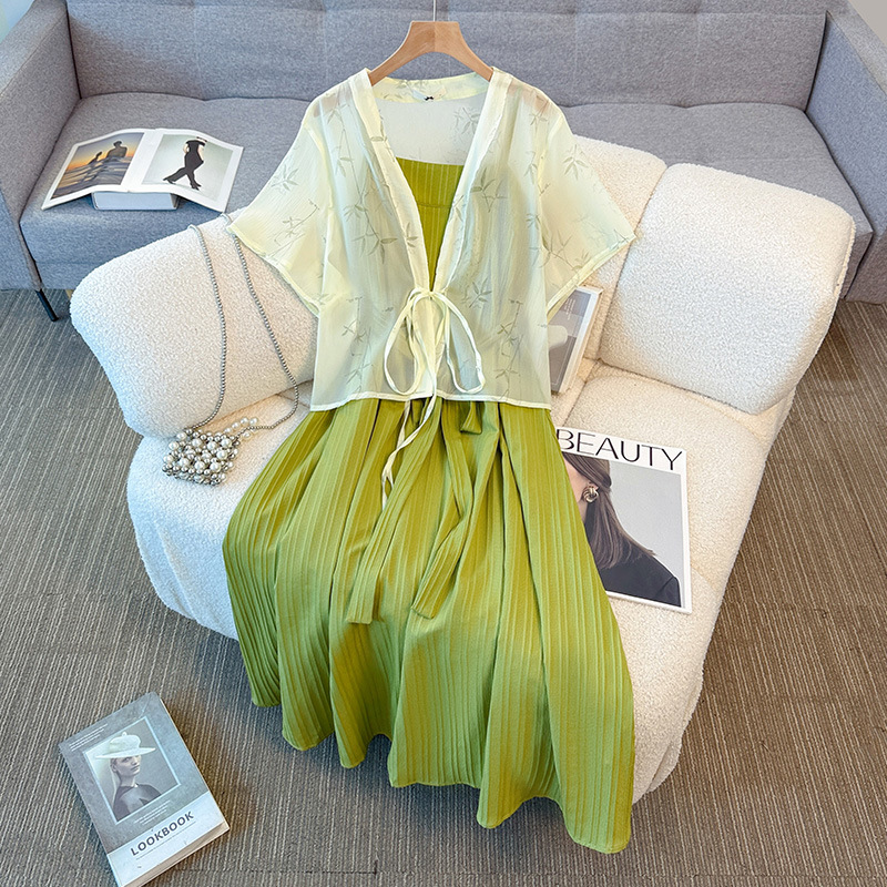 Plus Size Green Square Neck Spaghetti Strap Dress With Short Sleeve Kimono Jacket (EXTRA BIG SIZE)