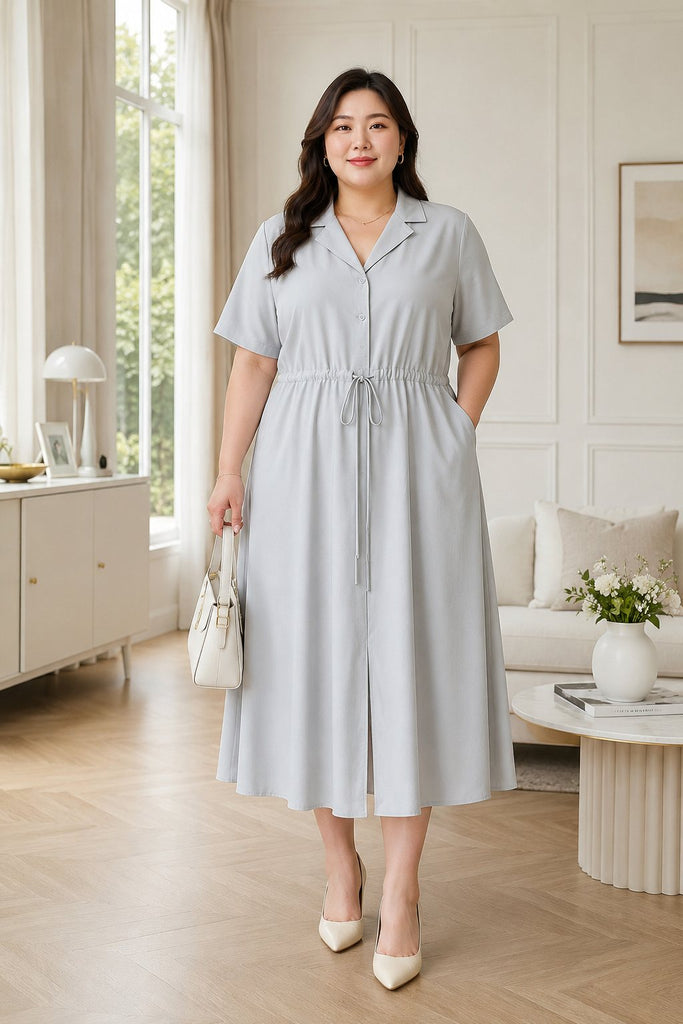Plus size grey midi shirt dress with drawstring waist and pockets