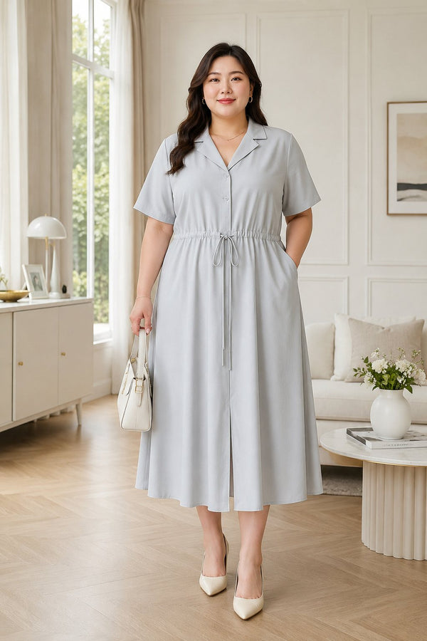 Plus size grey midi shirt dress with drawstring waist and pockets
