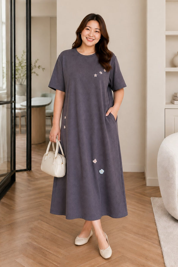 Plus size grey beaded floral T-shirt midi dress with pockets front view
