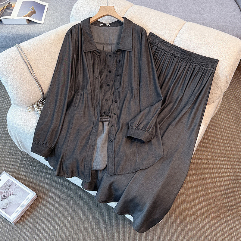 Plus Size Grey Bustier Camisole Blouse, Long Sleeve Jacket And Stretchband Skirt Set (Extra Big Size)