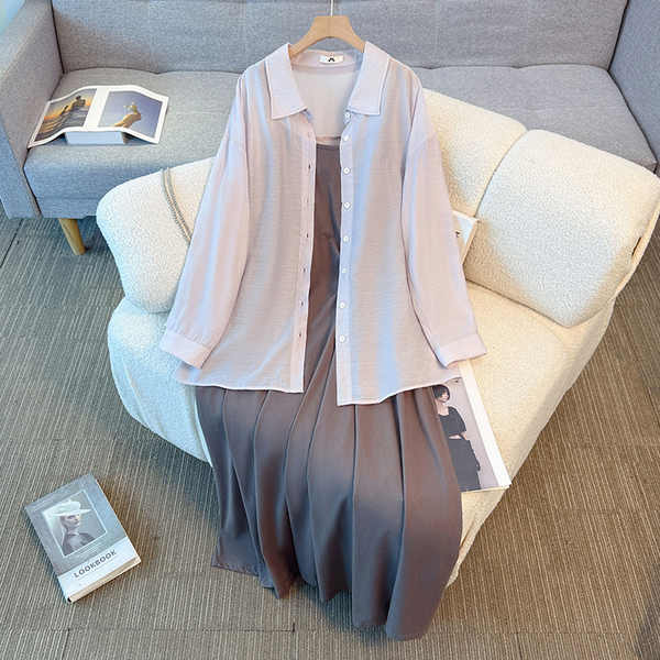 Plus Size Grey Cami Dress And Shirt Jacket Set (EXTRA BIG SIZE)