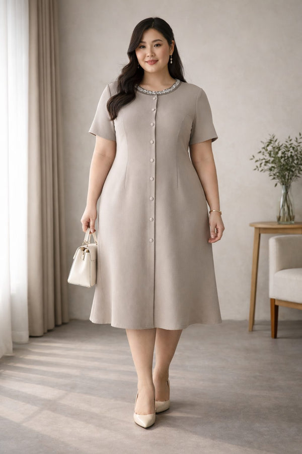 plus size grey shift dress embellished neckline front view