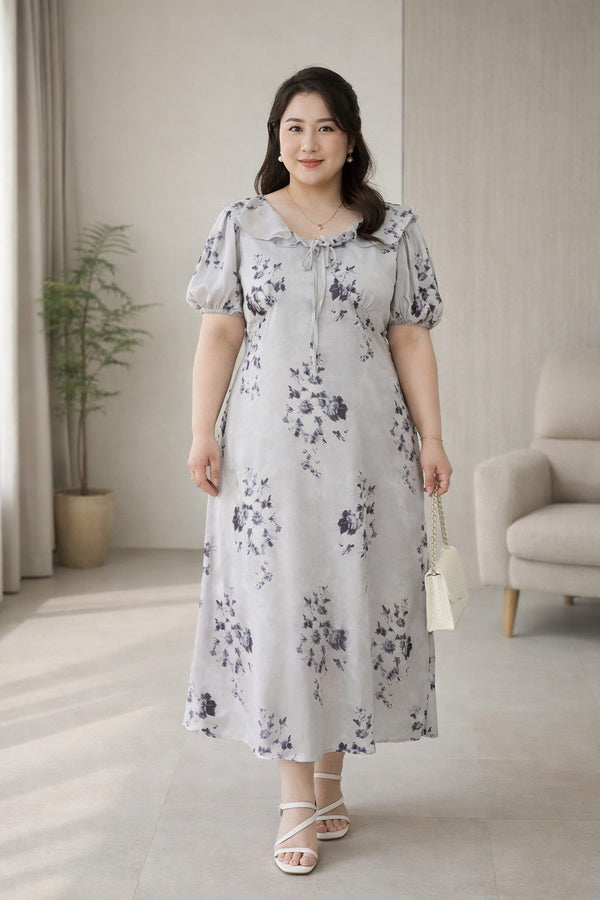 plus size grey floral v neck midi dress front view