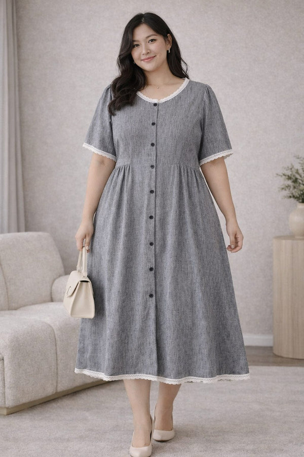 plus size grey button front midi dress with lace trim front view