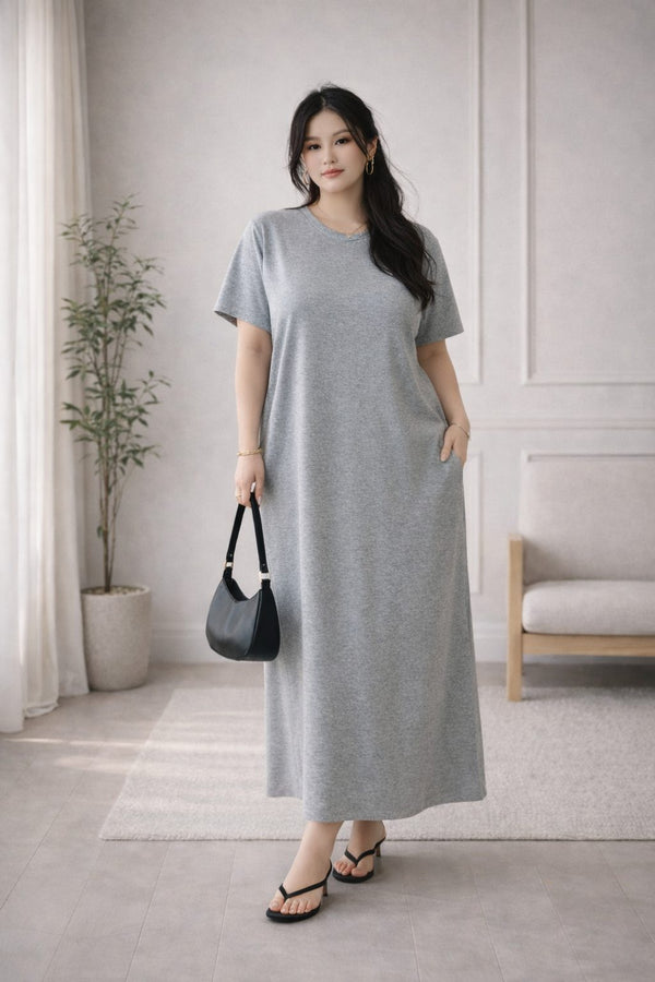 plus size grey maxi t shirt dress back slit front view