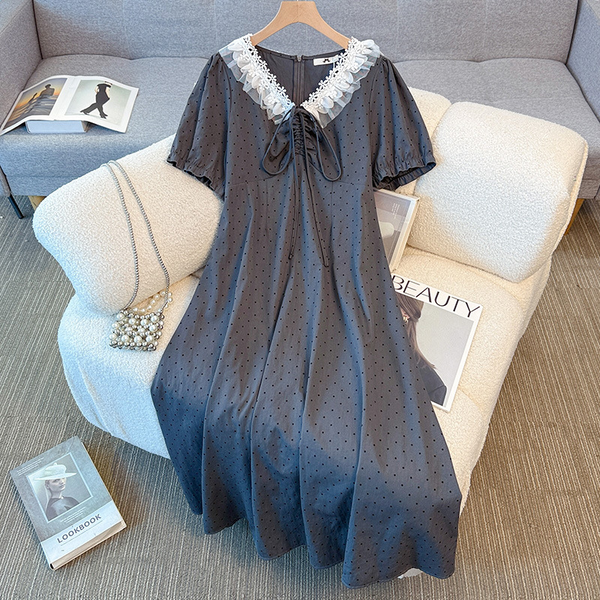 Plus Size Grey Polka Dots V-Neck Dress (EXTRA BIG SIZE)
