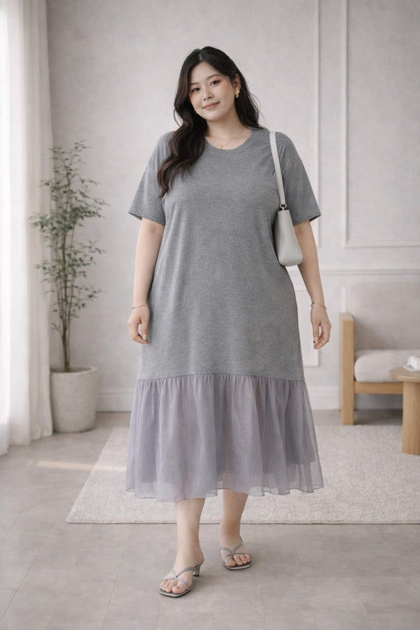 plus size grey midi t shirt dress tulle hem front view