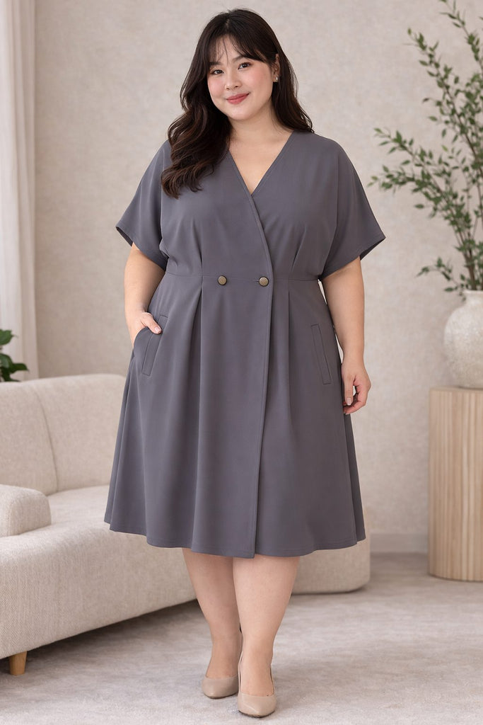 plus size grey v neck draped midi dress front view