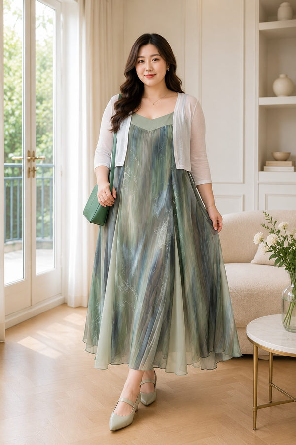 Plus size green tie dye gypsy fairy midi dress with matching cropped cardigan front view