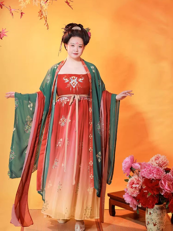 plus size red hanbok dress layered chiffon robe front view