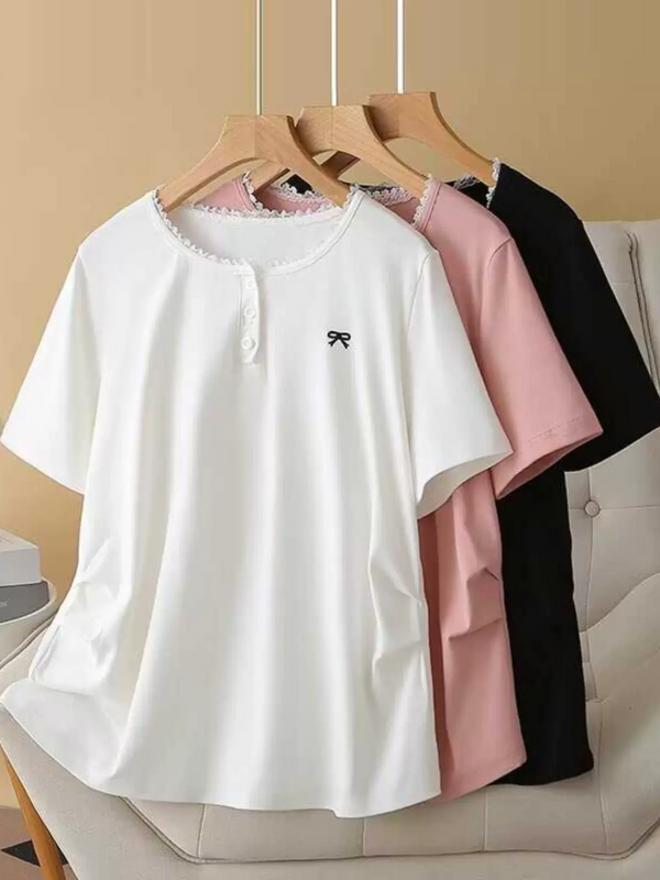 Plus Size Henley Ribbon Embroidery Tee Shirt