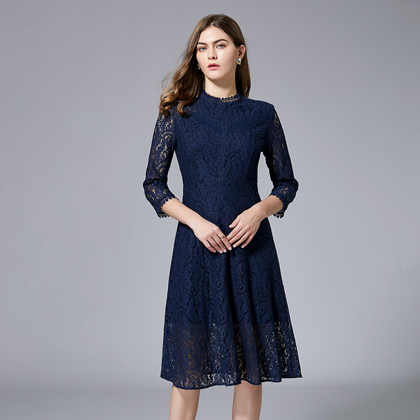 Plus Size High Neck 3/4 Sleeve Navy Lace Formal Dress