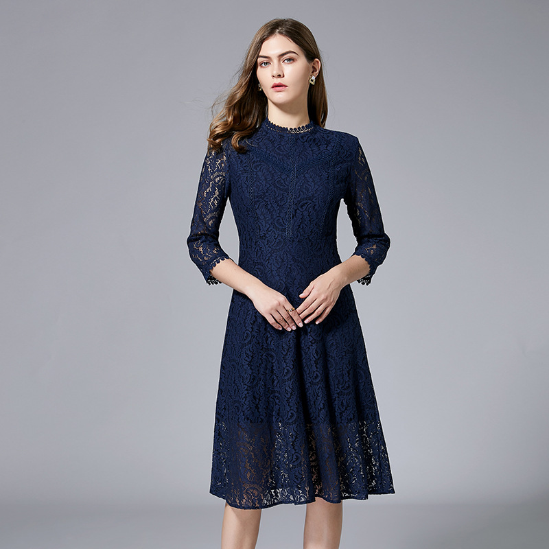 Plus Size High Neck 3/4 Sleeve Navy Lace Formal Dress – Pluspreorder
