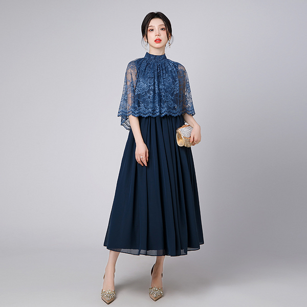 Plus Size High Neck Lace Cape Cocktail Dress
