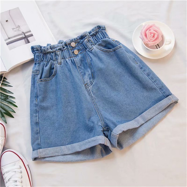 Plus Size High Waist Paper Bag Denim Shorts