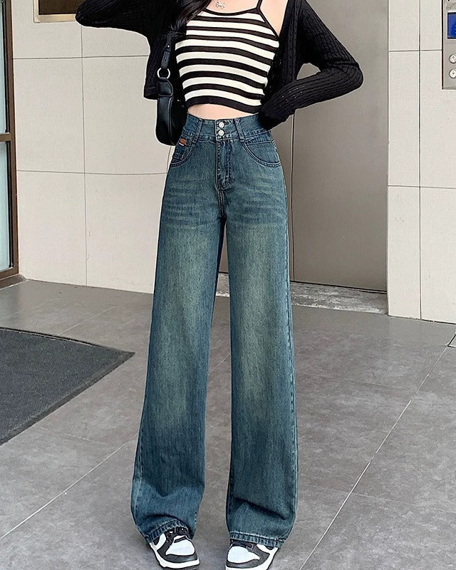 plus size blue high waist wide leg jeans front view