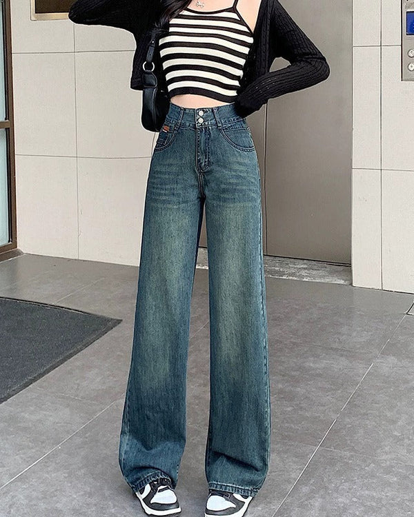 plus size blue high waist wide leg jeans front view