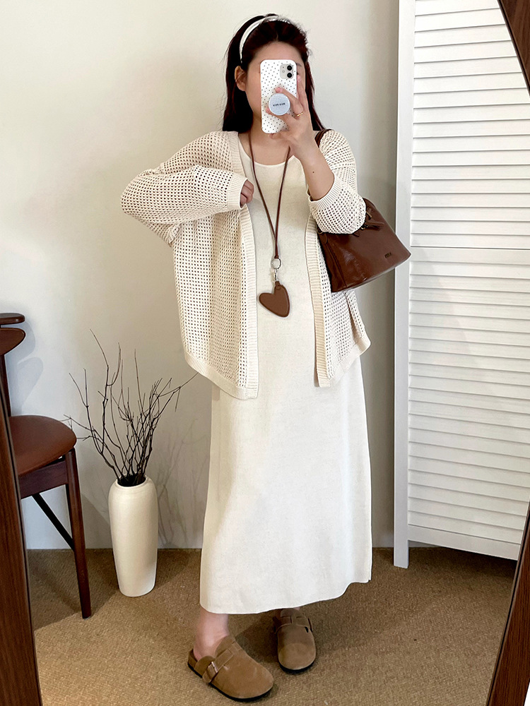 Plus Size Hollow Knit Cardigan And Midi Tank Dress Set