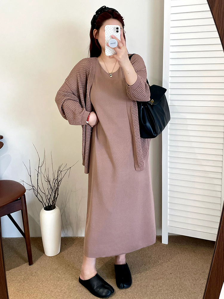 Plus Size Hollow Knit Cardigan And Midi Tank Dress Set – Pluspreorder