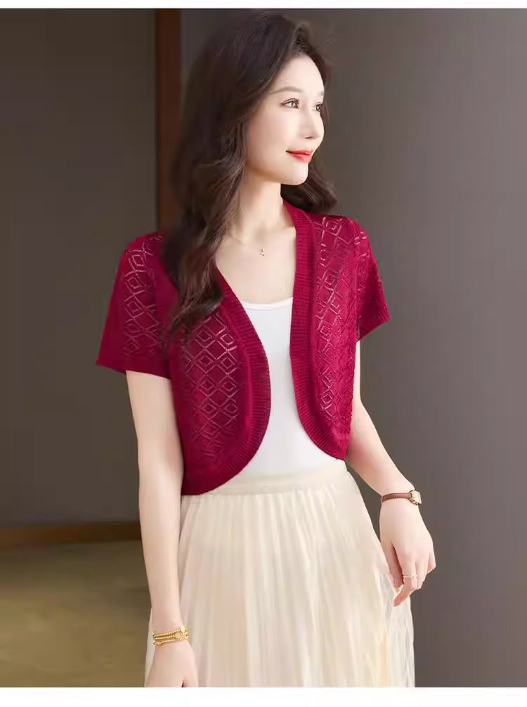 Plus Size Hollow Lace Cropped Short Sleeve Cardigan